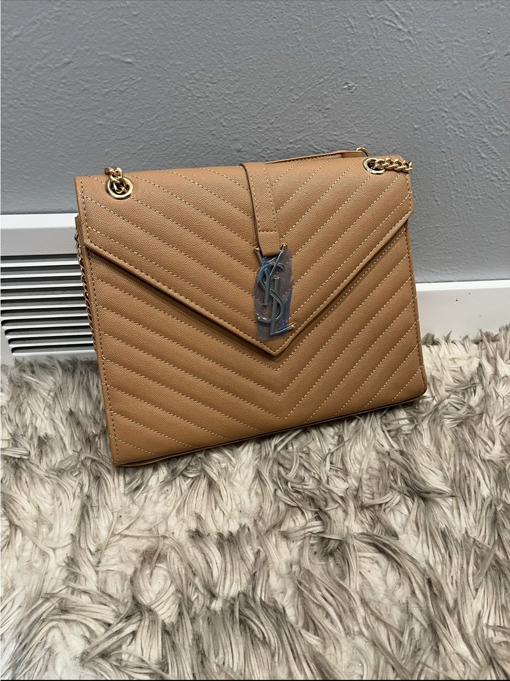 Yves Saint Laurent Quilted Tan Shoulder Bag with Gold Chain Hardware